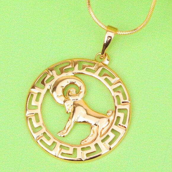 "Zodiac Ram Rose Gold Round Pendant in Geometric Border Design, XPPT1328 - Picture 1 of 13